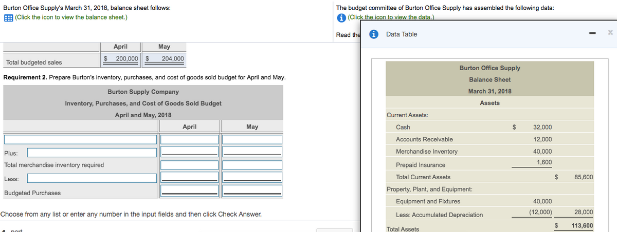 Burton Office Supply's March 31, 2018, balance sheet follows:
E (Click the icon to view the balance sheet.)
The budget committee of Burton Office Supply has assembled the following data:
A (Click the icon to view the data.)
Read the
i
Data Table
April
May
$
200,000 | $
204,000
Total budgeted sales
Burton Office Supply
Requirement 2. Prepare Burton's inventory, purchases, and cost of goods sold budget for April and May.
Balance Sheet
Burton Supply Company
March 31, 2018
Inventory, Purchases, and Cost of Goods Sold Budget
Assets
April and May, 2018
Current Assets:
April
May
Cash
32,000
Accounts Receivable
12,000
Plus:
Merchandise Inventory
40,000
Total merchandise inventory required
Prepaid Insurance
1,600
Less:
Total Current Assets
$
85,600
Property, Plant, and Equipment:
Budgeted Purchases
Equipment and Fixtures
40,000
Choose from any list or enter any number in the input fields and then click Check Answer.
Less: Accumulated Depreciation
(12,000)
28,000
$
113.600
1 nort
Total Assets
