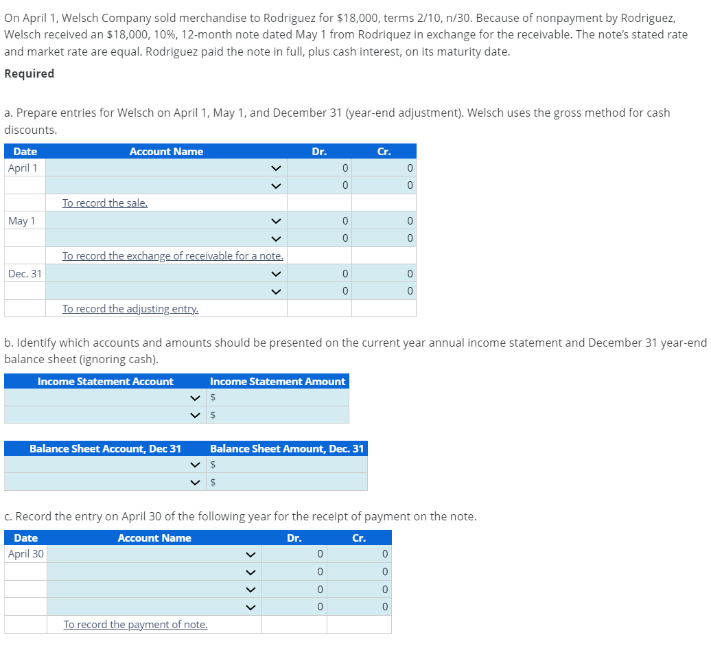 On April 1, Welsch Company sold merchandise to Rodriguez for $18,000, terms 2/10, n/30. Because of nonpayment by Rodriguez,
Welsch received an $18,000, 10%, 12-month note dated May 1 from Rodriquez in exchange for the receivable. The note's stated rate
and market rate are equal. Rodriguez paid the note in full, plus cash interest, on its maturity date.
Required
a. Prepare entries for Welsch on April 1, May 1, and December 31 (year-end adjustment). Welsch uses the gross method for cash
discounts.
Date
April 1
May 1
Dec. 31
Account Name
To record the sale.
To record the exchange of receivable for a note.
To record the adjusting entry.
Balance Sheet Account, Dec 31
Dr.
To record the payment of note.
$
0
0
くくくく
0
0
Income Statement Amount
✓ $
0
0
0
0
0
0
b. Identify which accounts and amounts should be presented on the current year annual income statement and December 31 year-end
balance sheet (ignoring cash).
Income Statement Account
Balance Sheet Amount, Dec. 31
Cr.
c. Record the entry on April 30 of the following year for the receipt of payment on the note.
Date
Account Name
Dr.
Cr.
April 30
oooo
0
0
0
0
0
0
0
0
0
0