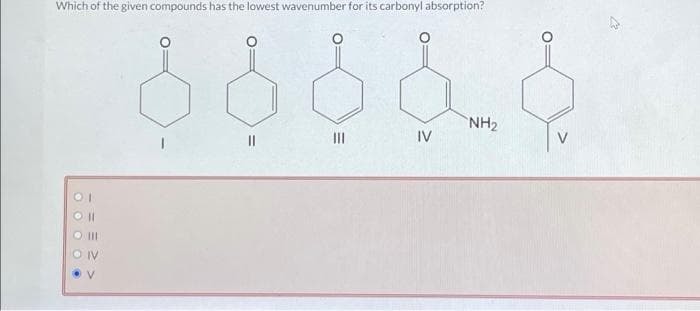 Which of the given compounds has the lowest wavenumber for its carbonyl absorption?
11
=>
IV
|||
IV
NH₂