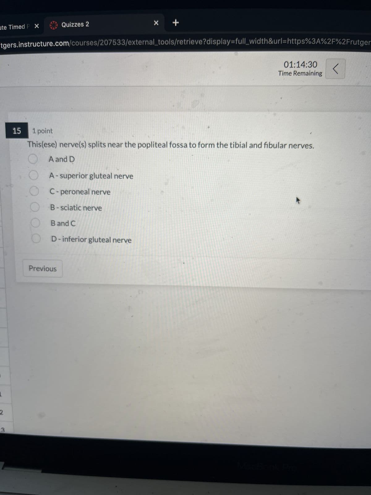 ute Timed P X
2
13
tgers.instructure.com/courses/207533/external_tools/retrieve?display=full_width&url=https%3A%2F%2Frutger
Quizzes 2
10000
X
A-superior gluteal nerve
C-peroneal nerve
B-sciatic nerve
B and C
D-inferior gluteal nerve
Previous
+
15 1 point
This(ese) nerve(s) splits near the popliteal fossa to form the tibial and fibular nerves.
A and D
01:14:30
Time Remaining
