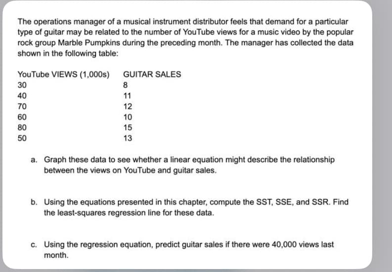 The operations manager of a musical instrument distributor feels that demand for a particular
type of guitar may be related to the number of YouTube views for a music video by the popular
rock group Marble Pumpkins during the preceding month. The manager has collected the data
shown in the following table:
YouTube VIEWS (1,000s)
30
40
70
60
80
50
GUITAR SALES
8
11
12
10
15
13
a. Graph these data to see whether a linear equation might describe the relationship
between the views on YouTube and guitar sales.
b. Using the equations presented in this chapter, compute the SST, SSE, and SSR. Find
the least-squares regression line for these data.
c. Using the regression equation, predict guitar sales if there were 40,000 views last
month.