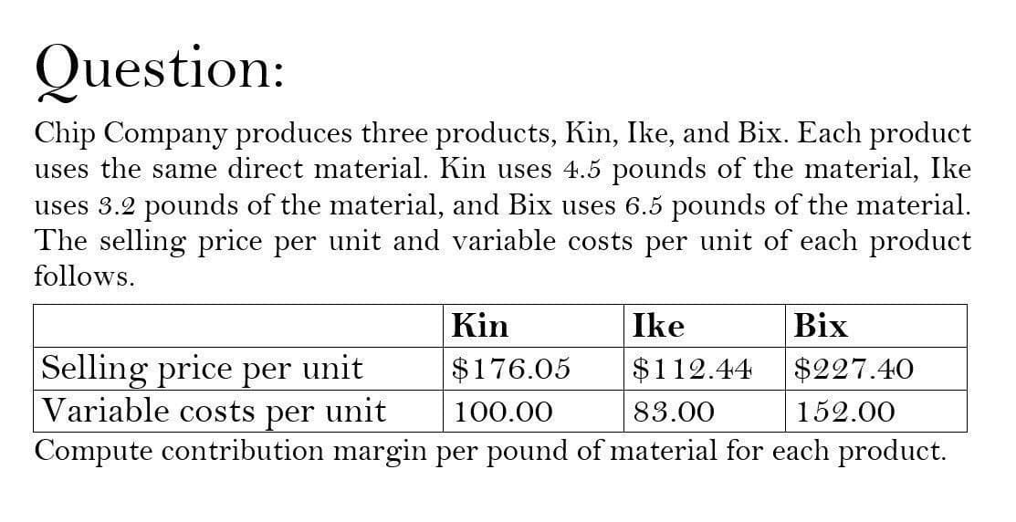 Question:
Chip Company produces three products, Kin, Ike, and Bix. Each product
uses the same direct material. Kin uses 4.5 pounds of the material, Ike
uses 3.2 pounds of the material, and Bix uses 6.5 pounds of the material.
The selling price per unit and variable costs per unit of each product
follows.
Kin
Ike
Bix
Selling price per unit
$176.05
$112.44
$227.40
Variable costs per unit
Compute contribution margin per pound of material for each product.
100.00
83.00
152.00