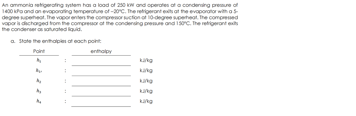 An ammonia refrigerating system has a load of 250 kW and operates at a condensing pressure of
1400 kPa and an evaporating temperature of -20°C. The refrigerant exits at the evaporator with a 5-
degree superheat. The vapor enters the compressor suction at 10-degree superheat. The compressed
vapor is discharged from the compressor at the condensing pressure and 150°C. The refrigerant exits
the condenser as saturated liquid.
a. State the enthalpies at each point:
enthalpy
Point
kJ/kg
h
kJ/kg
kJ/kg
h2
kJ/kg
h3
kJ/kg
h4
