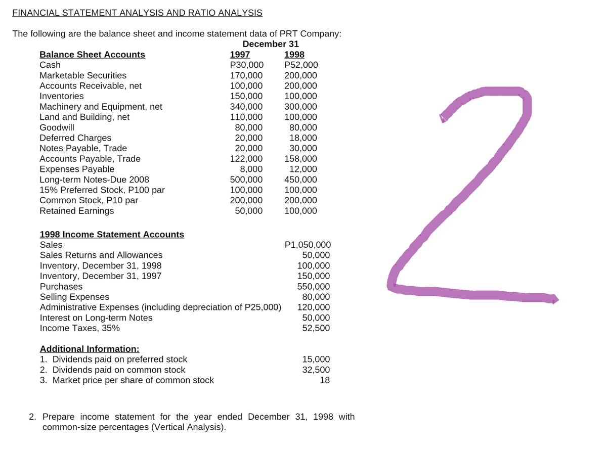 FINANCIAL STATEMENT ANALYSIS AND RATIO ANALYSIS
The following are the balance sheet and income statement data of PRT Company:
December 31
Balance Sheet Accounts
1997
1998
Cash
P30,000
P52,000
200,000
Marketable Securities
170,000
100,000
200,000
Accounts Receivable, net
Inventories
150,000
100,000
Machinery and Equipment, net
340,000
300,000
110,000
100,000
Land and Building, net
Goodwill
80,000
80,000
Deferred Charges
20,000
18,000
Notes Payable, Trade
20,000
30,000
122,000
158,000
Accounts Payable, Trade
Expenses Payable
8,000
12,000
450,000
Long-term Notes-Due 2008
500,000
15% Preferred Stock, P100 par
100,000
100,000
Common Stock, P10 par
200,000
200,000
Retained Earnings
50,000
100,000
1998 Income Statement Accounts
Sales
P1,050,000
Sales Returns and Allowances
Inventory, December 31, 1998
Inventory, December 31, 1997
50,000
100,000
150,000
550,000
Purchases
Selling Expenses
80,000
Administrative Expenses (including depreciation of P25,000)
120,000
Interest on Long-term Notes
50,000
Income Taxes, 35%
52,500
Additional Information:
1. Dividends paid on preferred stock
2. Dividends paid on common stock
15,000
32,500
18
3. Market price per share of common stock
2. Prepare income statement for the year ended December 31, 1998 with
common-size percentages (Vertical Analysis).
2