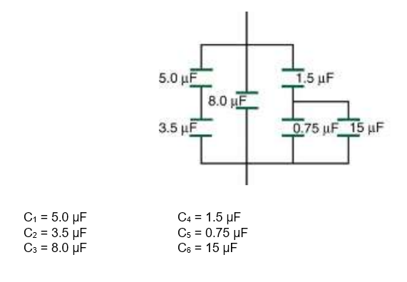 5.0 μΕ
1.5 μF
8.0 μF
3.5 μΕ.
075 μF15 μF
Ci-5.0 μF
C2-3.5 μF
C3-8.0 μF
Ci- 1.5 μF
Cs0.75 μ
%3D
%3D
