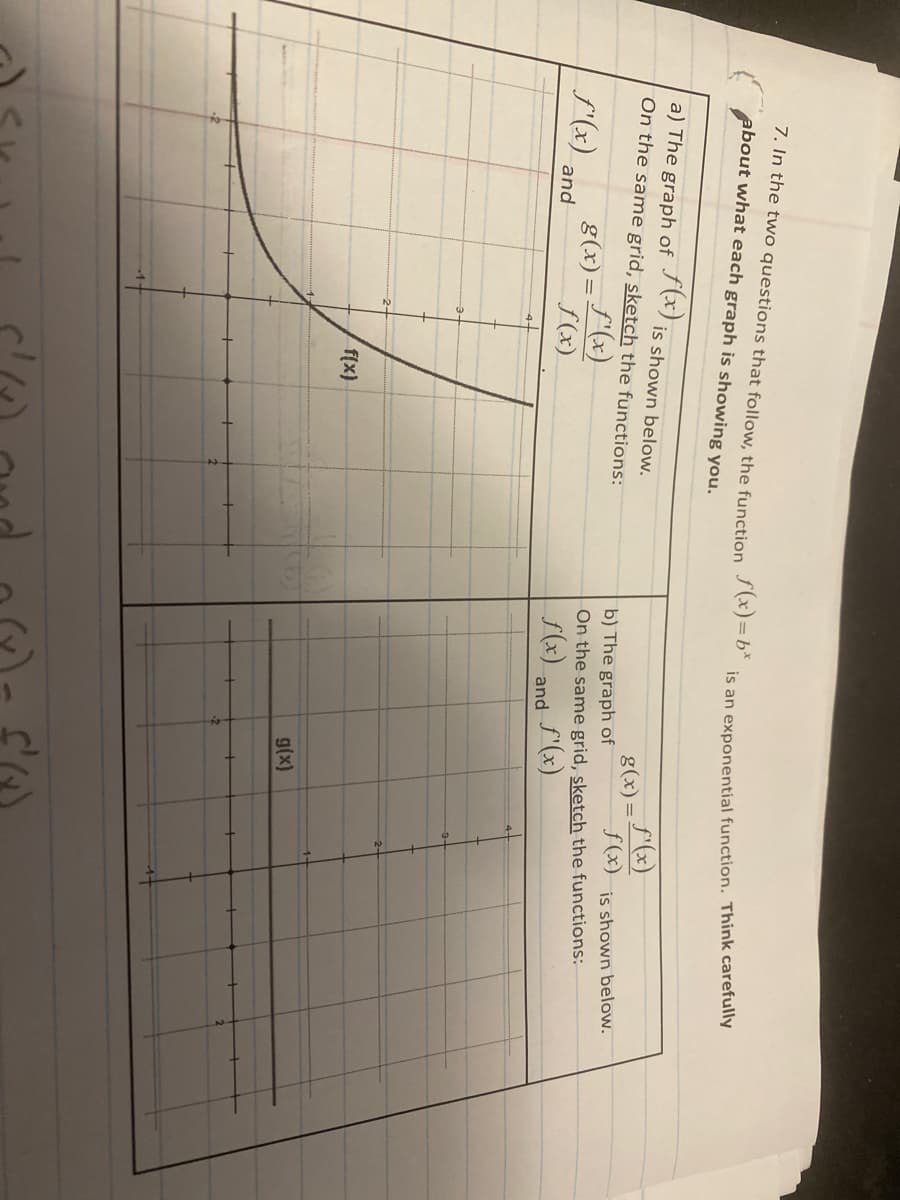 7. In the two questions that follow, the function f(x)=bx
about what each graph is showing you.
a) The graph of f(x) is shown below.
On the same grid, sketch the functions:
f'(x) g(x):
and
f'(x)
f(x)
is an exponential function. Think carefully
f'(x)
g(x)=
b) The graph of
f(x) is shown below.
On the same grid, sketch the functions:
f(x)
and
f'(x)
f(x)
g(x)