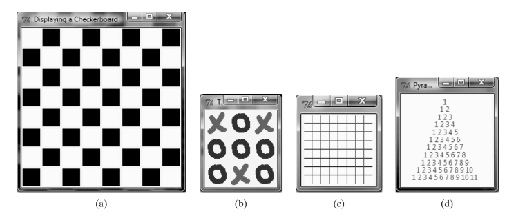 76 Displaying a Checkerboard
74 Pyra.
74 T.OE
XOX
000
OXO
12
123
1234
12345
123456
1234567
12345678
123456789
123456789 10
123456789 10 11
(a)
(b)
(c)
(d)
