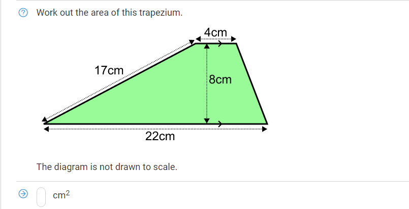 Work out the area of this trapezium.
4cm
17cm
8cm
22cm
