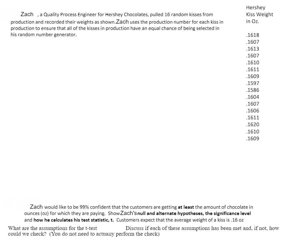Hershey
Kiss Weight
in Oz.
Zach ,a Quality Process Engineer for Hershey Chocolates, pulled 16 random kisses from
production and recorded their weights as shown.Zach uses the production number for each kiss in
production to ensure that all of the kisses in production have an equal chance of being selected in
his random number generator.
.1618
.1607
.1613
.1607
.1610
.1611
.1609
.1597
.1586
.1604
.1607
.1606
.1611
.1620
.1610
.1609
Zach would like to be 99% confident that the customers are getting at least the amount of chocolate in
ounces (oz) for which they are paying. ShowZach's null and alternate hypotheses, the significance level
and how he calculates his test statistic, t. Customers expect that the average weight of a kiss is .16 oz
What are the assumptions for the t-test
could we check? (You do not need to actually perform the check)
Discuss if each of these assumptions has been met and, if not, how
