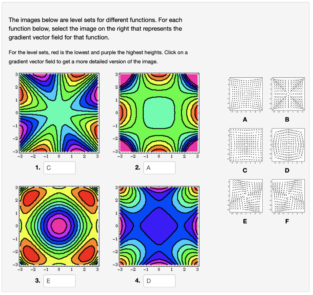 The images below are level sets for different functions. For each
function below, select the image on the right that represents the
gradient vector field for that function.
For the level sets, red is the lowest and purple the highest heights. Click on a
gradient vector field to get a more detailed version of the image.
A
B
-1
-2
-1 0
1. C
2. А
D
E
F
-1
2
1
2
3
3. Е
4. D
