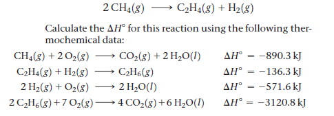 2 CH4(8) → C2H4(g) + H2(8)
Calculate the AH° for this reaction using the following ther-
mochemical data:
CH4(g) + 2 02(g)
CO2(8) + 2 H2O(1)
AH° = -890.3 kJ
-
C2H4(8) + H2(8)
2 H2(8) + O2(8)
C2H6(8)
AH° = -136.3 kJ
2 H2O(I)
AH° = -571.6 kJ
2 C2H¿(g)+7 O2(8)
• 4 CO2(g)+6 H2O(1)
AH® = -3120.8 kJ

