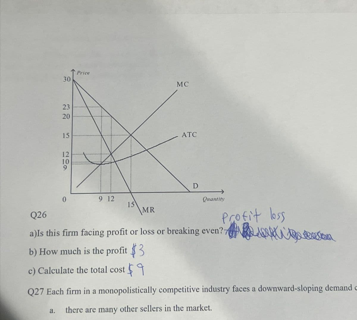 30
a.
23
20
15
12
10
9
0
Price
9 12
15
MR
MC
ATC
D
Quantity
Q26
a)Is this firm facing profit or loss or breaking even?
b) How much is the profit $3
c) Calculate the total cost $9
Q27 Each firm in a monopolistically competitive industry faces a downward-sloping demand c
there are many other sellers in the market.
Profit loss