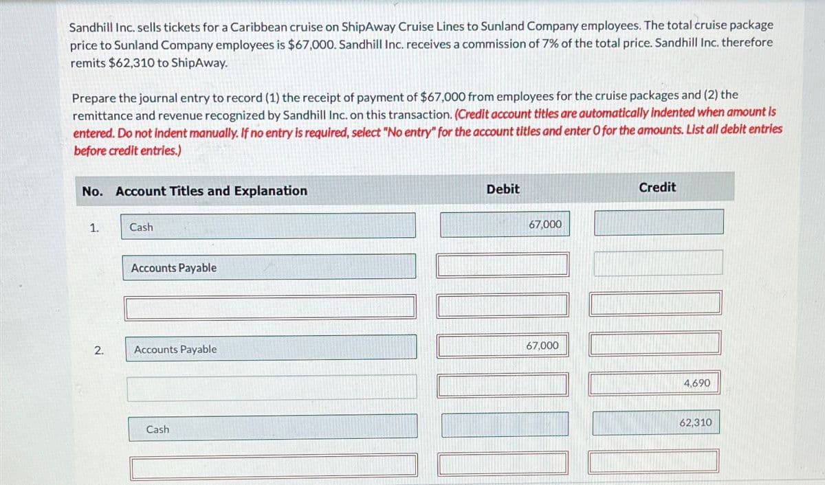 Sandhill Inc. sells tickets for a Caribbean cruise on ShipAway Cruise Lines to Sunland Company employees. The total cruise package
price to Sunland Company employees is $67,000. Sandhill Inc. receives a commission of 7% of the total price. Sandhill Inc. therefore
remits $62,310 to ShipAway.
Prepare the journal entry to record (1) the receipt of payment of $67,000 from employees for the cruise packages and (2) the
remittance and revenue recognized by Sandhill Inc. on this transaction. (Credit account titles are automatically indented when amount is
entered. Do not indent manually. If no entry is required, select "No entry" for the account titles and enter O for the amounts. List all debit entries
before credit entries.)
No. Account Titles and Explanation
1.
2.
Cash
Accounts Payable
Accounts Payable
Cash
Debit
67,000
67,000
Credit
4,690
62,310