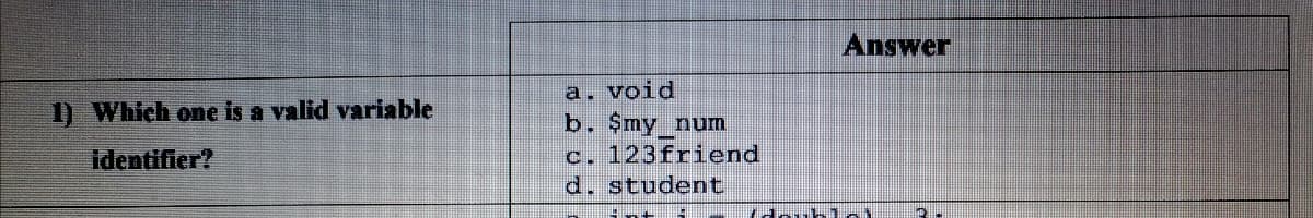 Answer
a. void
b. $my num
c. 123friend
d. student
1) Which one is a valid variable
identifier?
