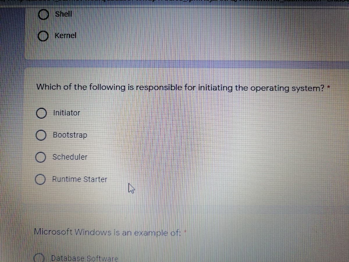 Shell
O Kernel
Which of the following is responsible for initiating the operating system?"
O Initiator
О Вotstrap
Scheduler
O Runtime Starter
Microsoft Windows is an example of:
Database Software
