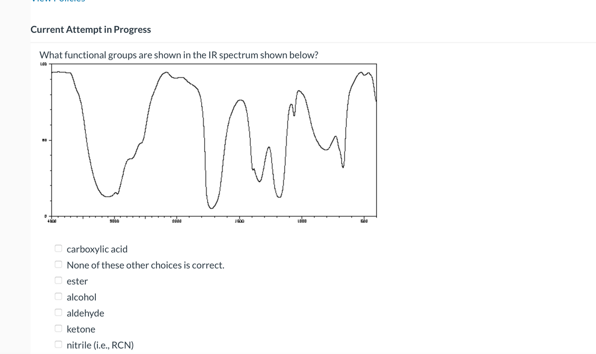 Current Attempt in Progress
What functional groups are shown in the IR spectrum shown below?
LOO
Mmm
D
4000
9000
2000
J600
LOOO
500
0 0 0 0 0 0 0
carboxylic acid
None of these other choices is correct.
ester
alcohol
aldehyde
ketone
nitrile (i.e., RCN)