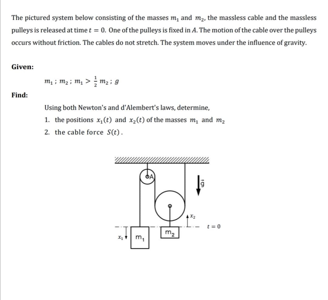 The pictured system below consisting of the masses m, and m2, the massless cable and the massless
pulleys is released at time t = 0. One of the pulleys is fixed in A. The motion of the cable over the pulleys
occurs without friction. The cables do not stretch. The system moves under the influence of gravity.
Given:
m1 ; m2 ; m1 >;m2; g
Find:
Using both Newton's and d'Alembert's laws, determine,
1. the positions x,(t) and x2(t) of the masses m, and m2
2. the cable force S(t).
DA
A X2
t = 0
m2
X1
m,
