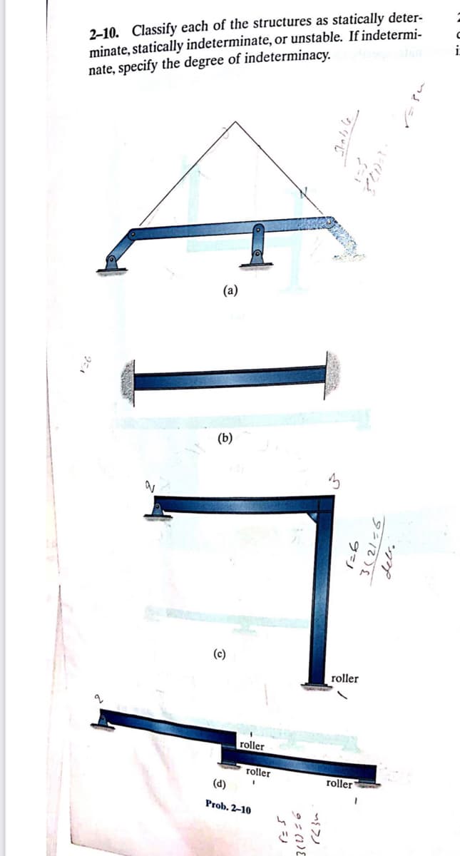 2-10. Classify each of the structures as statically deter-
minate, statically indeterminate, or unstable. If indetermi-
nate, specify the degree of indeterminacy.
(a)
(b)
(c)
roller
roller
roller
(d)
roller
Prob. 2-10
3(2/=6
9シ
ン
