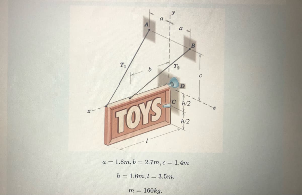 T1
D
C h/2
TOYS
h/2
= 1.8m, b = 2.7m, c = 1.4m
a =
h = 1.6m, l = 3.5m.
m = 160kg.
