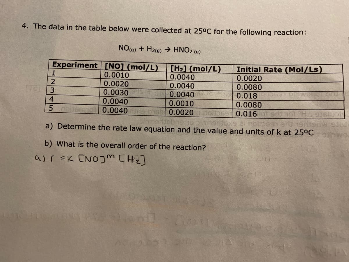 4. The data in the table below were collected at 25°C for the following reaction:
NO(9) + H2(9) → HNO2 (9)
Experiment [NO] (mol/L) [H2] (mol/L)
Initial Rate (Mol/Ls)
1
0.0010
0.0020
0.0030
0.0040
0.0040
0.0040
0.0040
0.0010
0.0020
0.0080
0.018
0.0080
3.
4
5
0.0040
0.0020
0.016
a) Determine the rate law equation and the value and units of k at 25°C
b) What is the overall order of the reaction?
ar =K [NO]m CHz]
