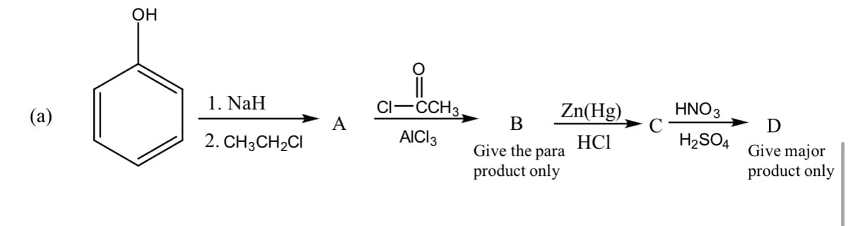 1. NaH
Cl-CCH3.
A
HNO3
C
H2SO4
(a)
Zn(Hg).
В
D
2. CH3CH2CI
AICI3
HCl
Give the para
product only
Give major
product only
