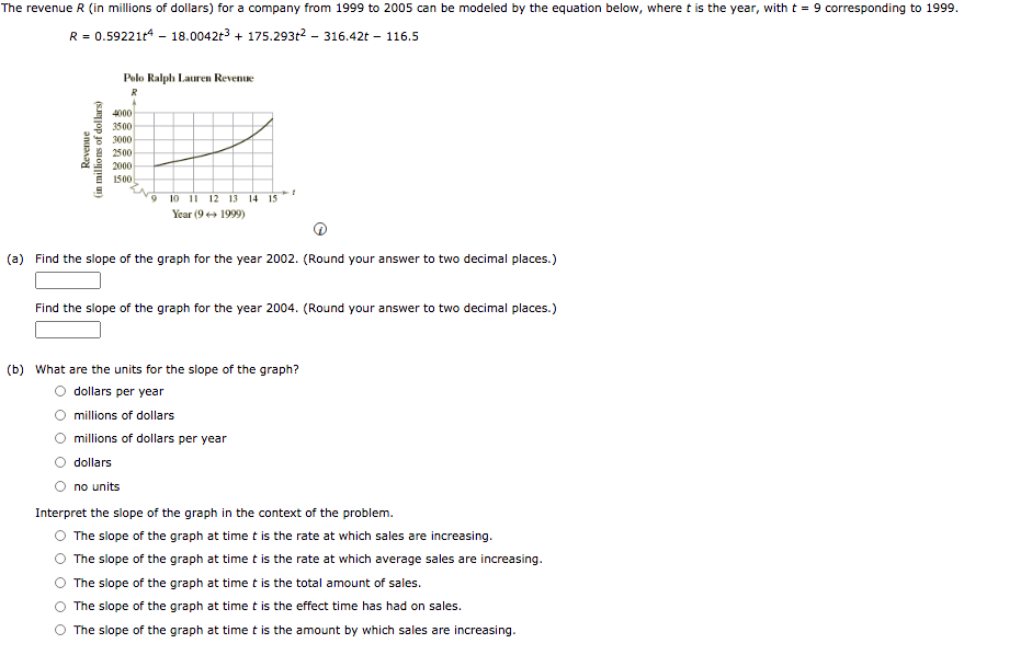 The revenue R (in millions of dollars) for a company from 1999 to 2005 can be modeled by the equation below, where t is the year, witht = 9 corresponding to 1999.
R = 0.59221t4 – 18.0042t3 + 175.293t2 - 316.42t – 116.5
Polo Ralph Lauren Revenue
R
4000
3500
3000
2500
2000
1500
9 10 1I 12 13 14 15
Year (9 + 1999)
(a) Find the slope of the graph for the year 2002. (Round your answer to two decimal places.)
Find the slope of the graph for the year 2004. (Round your answer to two decimal places.)
(b) What are the units for the slope of the graph?
O dollars per year
millions of dollars
millions of dollars per year
dollars
no units
Interpret the slope of the graph in the context of the problem.
The slope of the graph at time t is the rate at which sales are increasing.
The slope of the graph at time t is the rate at which average sales are increasing.
The slope of the graph at time t is the total amount of sales.
The slope of the graph at time t is the effect time has had on sales.
O The slope of the graph at time t is the amount by which sales are increasing.
Revenue
(in millions of dollars)
