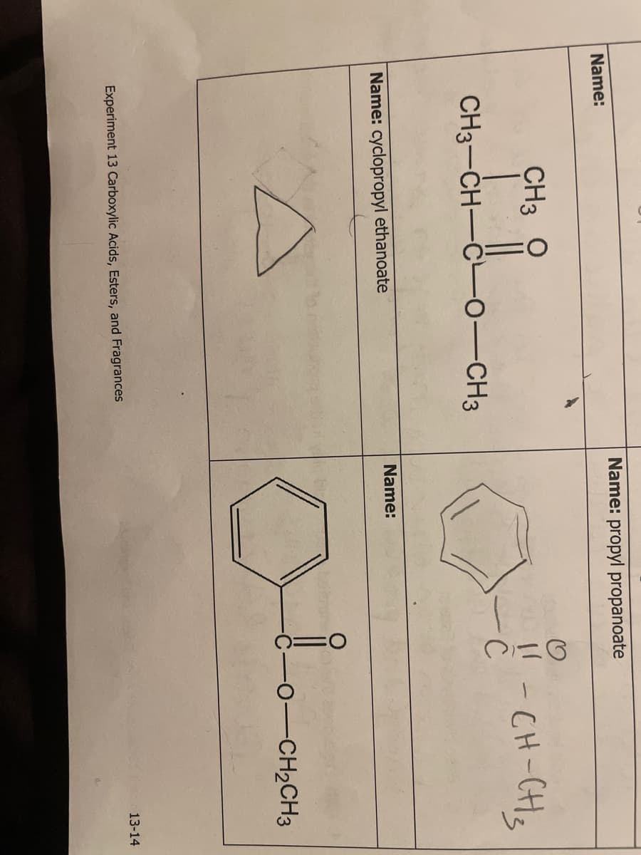 Name:
CH3 O
CH3-CH-CO-CH3
Name: cyclopropyl ethanoate
Experiment 13 Carboxylic Acids, Esters, and Fragrances
Name: propyl propanoate
Name:
!! -CH-CH3
-C
i..
-0-CH₂CH3
13-14