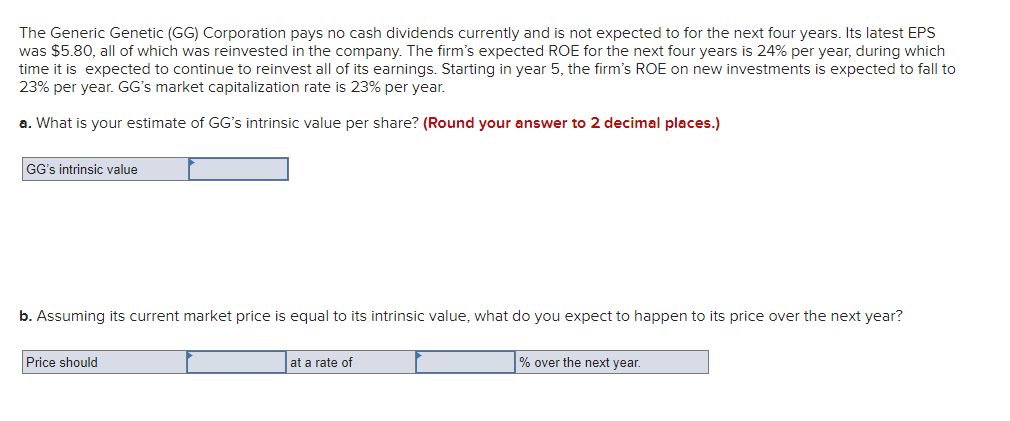 The Generic Genetic (GG) Corporation pays no cash dividends currently and is not expected to for the next four years. Its latest EPS
was $5.80, all of which was reinvested in the company. The firm's expected ROE for the next four years is 24% per year, during which
time it is expected to continue to reinvest all of its earnings. Starting in year 5, the firm's ROE on new investments is expected to fall to
23% per year. GG's market capitalization rate is 23% per year.
a. What is your estimate of GG's intrinsic value per share? (Round your answer to 2 decimal places.)
GG's intrinsic value
b. Assuming its current market price is equal to its intrinsic value, what do you expect to happen to its price over the next year?
Price should
at a rate of
% over the next year.