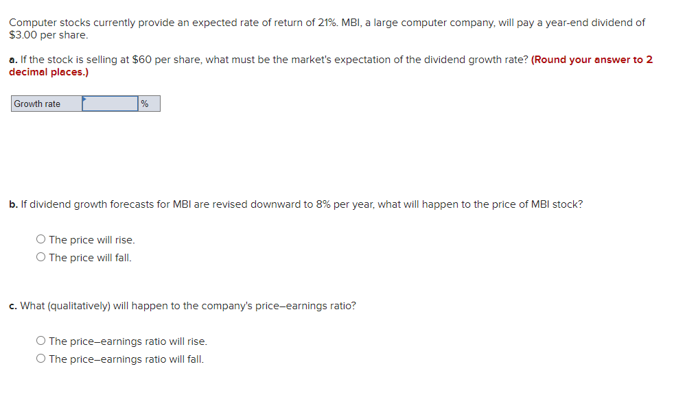 Computer stocks currently provide an expected rate of return of 21%. MBI, a large computer company, will pay a year-end dividend of
$3.00 per share.
a. If the stock is selling at $60 per share, what must be the market's expectation of the dividend growth rate? (Round your answer to 2
decimal places.)
Growth rate
%
b. If dividend growth forecasts for MBI are revised downward to 8% per year, what will happen to the price of MBI stock?
O The price will rise.
O The price will fall.
c. What (qualitatively) will happen to the company's price-earnings ratio?
O The price-earnings ratio will rise.
O The price-earnings ratio will fall.
