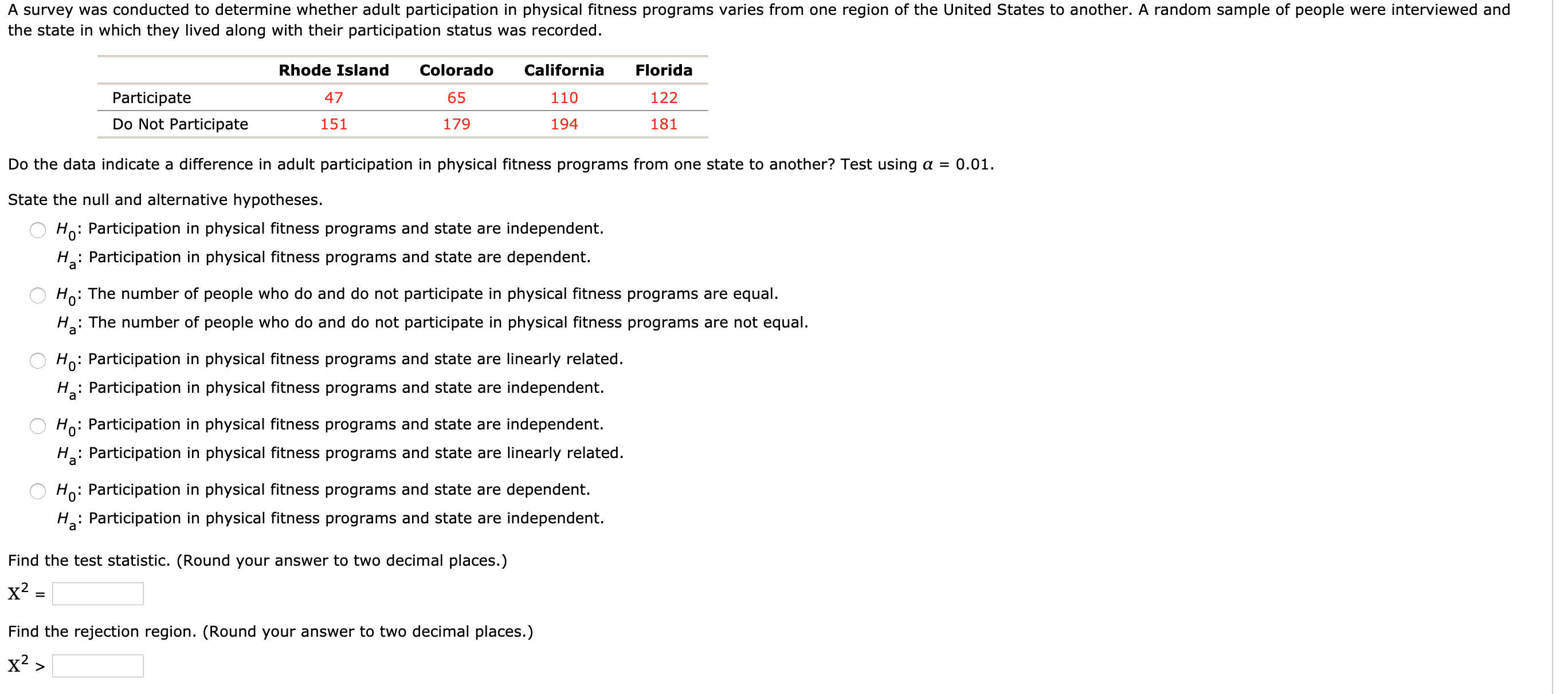 A survey was conducted to determine whether adult participation in physical fitness programs varies from one region of the United States to another. A random sample of people were interviewed and
the state in which they lived along with their participation status was recorded.
Rhode Island
Colorado
California
Florida
Participate
47
65
110
122
Do Not Participate
151
179
194
181
Do the data indicate a difference in adult participation in physical fitness programs from one state to another? Test using a = 0.01.
State the null and alternative hypotheses.
Ho: Participation in physical fitness programs and state are independent.
H: Participation in physical fitness programs and state are dependent.
Но:
: The number of people who do and do not participate in physical fitness programs are equal.
H: The number of people who do and do not participate in physical fitness programs are not equal.
Ho: Participation in physical fitness programs and state are linearly related.
H: Participation in physical fitness programs and state are independent.
Ho: Participation in physical fitness programs and state are independent.
: Participation in physical fitness programs and state are linearly related.
Ha:
Ho: Participation in physical fitness programs and state are dependent.
H: Participation in physical fitness programs and state are independent.
Find the test statistic. (Round your answer to two decimal places.)
x² :
Find the rejection region. (Round your answer to two decimal places.)
x? >
