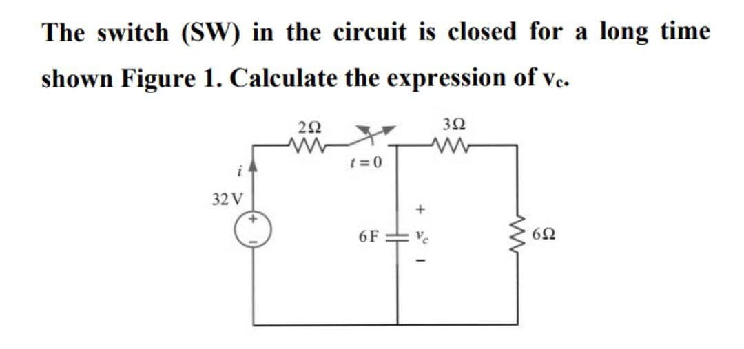 The switch (SW) in the circuit is closed for a long time
shown Figure 1. Calculate the expression of vc.
2Ω
32
t =0
32 V
6F
Ve
