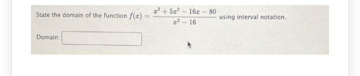 State the domain of the function f(x)
Domain:
+52 – 16 – 80
2²16
using interval notation.