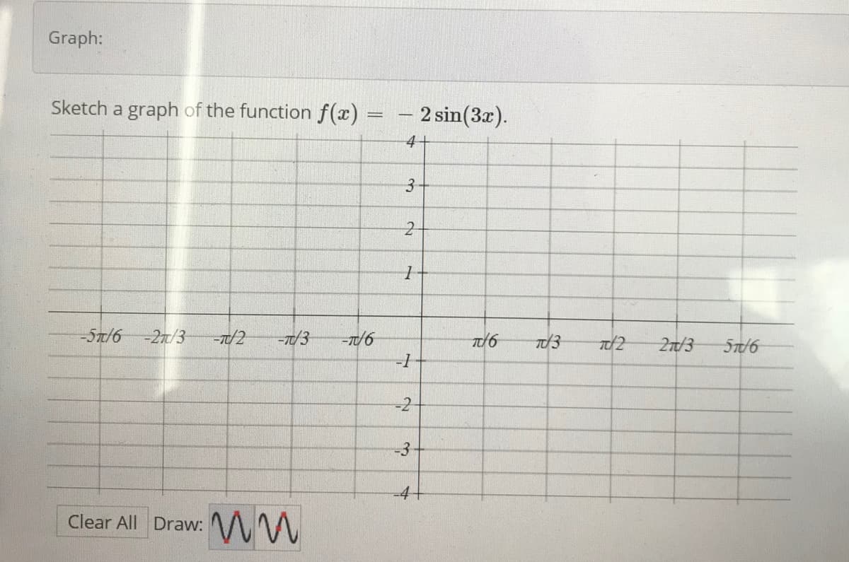 Graph:
Sketch a graph of the function f(x)
2 sin(3x).
4
3.
-5T/6
-27/3
-7/3
2n/3
5T/6
-2
-4-
Clear All Draw: WW
ww
3.
