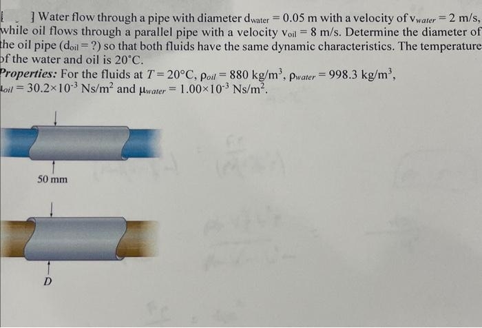 1 ] Water flow through a pipe with diameter dwater = 0.05 m with a velocity of Vwater = 2 m/s,
while oil flows through a parallel pipe with a velocity Voil = 8 m/s. Determine the diameter of
the oil pipe (doil= ?) so that both fluids have the same dynamic characteristics. The temperature
of the water and oil is 20°C.
Properties: For the fluids at T = 20°C, poil = 880 kg/m³, pwater = 998.3 kg/m³,
oil = 30.2x10-³ Ns/m² and water = 1.00×10³ Ns/m².
50 mm
D