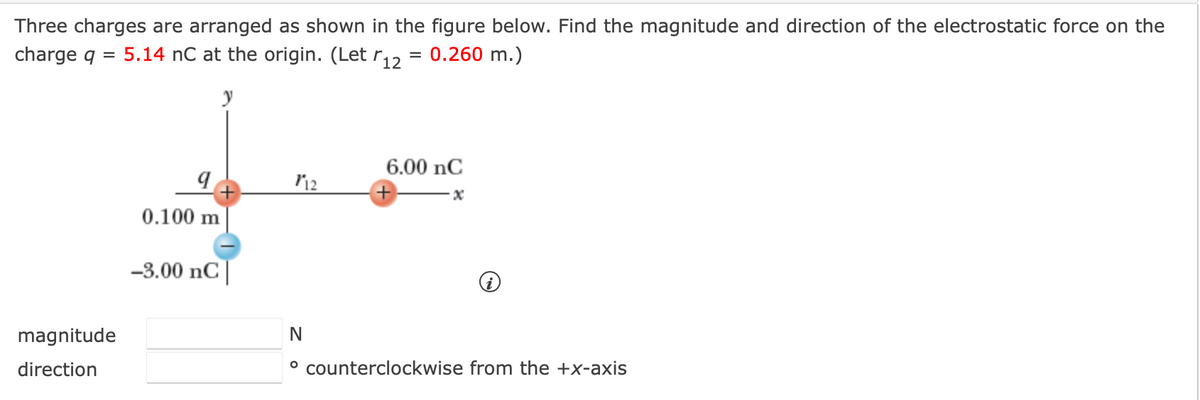 Three charges are arranged as shown in the figure below. Find the magnitude and direction of the electrostatic force on the
charge q = 5.14 nC at the origin. (Let r,2
0.260 m.)
6.00 nC
0.100 m
-3.00 nC|
magnitude
direction
° counterclockwise from the +x-axis
