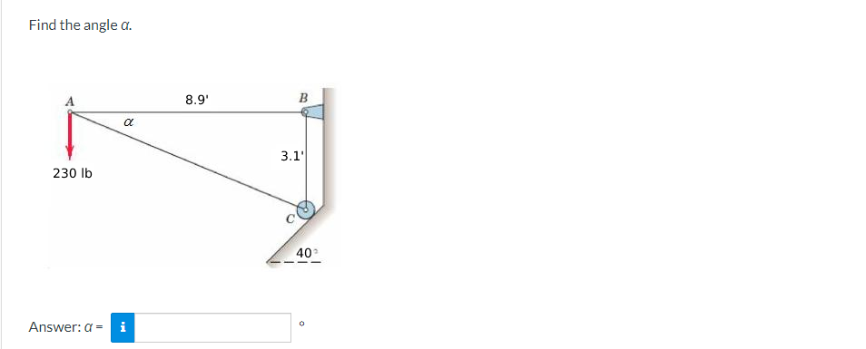 Find the angle a.
230 lb
Answer: a =
α
8.9'
B
3.1'
40°