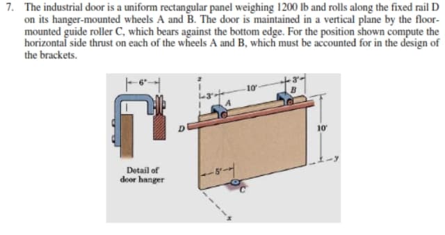 7. The industrial door is a uniform rectangular panel weighing 1200 lb and rolls along the fixed rail D
on its hanger-mounted wheels A and B. The door is maintained in a vertical plane by the floor-
mounted guide roller C, which bears against the bottom edge. For the position shown compute the
horizontal side thrust on each of the wheels A and B, which must be accounted for in the design of
the brackets.
10
10
Detail of
door hanger
