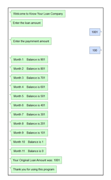 Welcome to Know Your Loan Company
Enter the loan amount
Enter the paymment amount
Month 1
Month 2
Month 3
Month 4
Month 5
Balance is 901
Balance is 801
Balance is 701
Balance is 601
Balance is 501
Month 6 Balance is 401
Month 7
Month 8
Month 9
Balance is 301
Balance is 201
Balance is 101
Month 10
Balance is 1
Month 11
Balance is 0
Your Original Loan Amount was: 1001
Thank you for using this program
1001
100