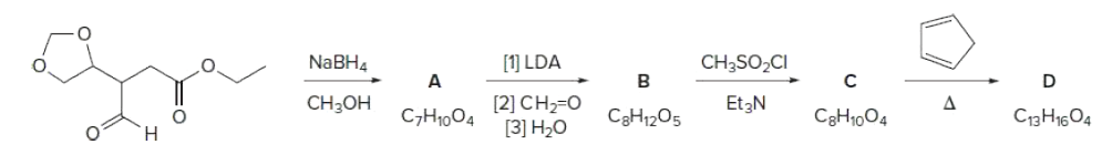 NABH4
[1] LDA
CH;SO2CI
CH3OH
[2] CH2=O
[3] H2O
C,H1004
C3H12O5
EtzN
C3H1004
C13H1604
