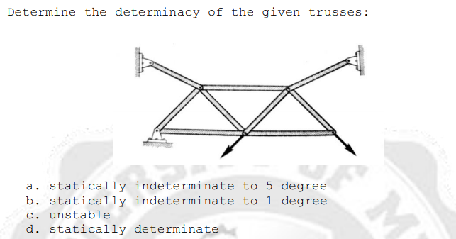 Determine the determinacy of the given trusses:
a. statically indeterminate to 5 degree
b. statically indeterminate to 1 degree
c. unstable
d. statically determinate
