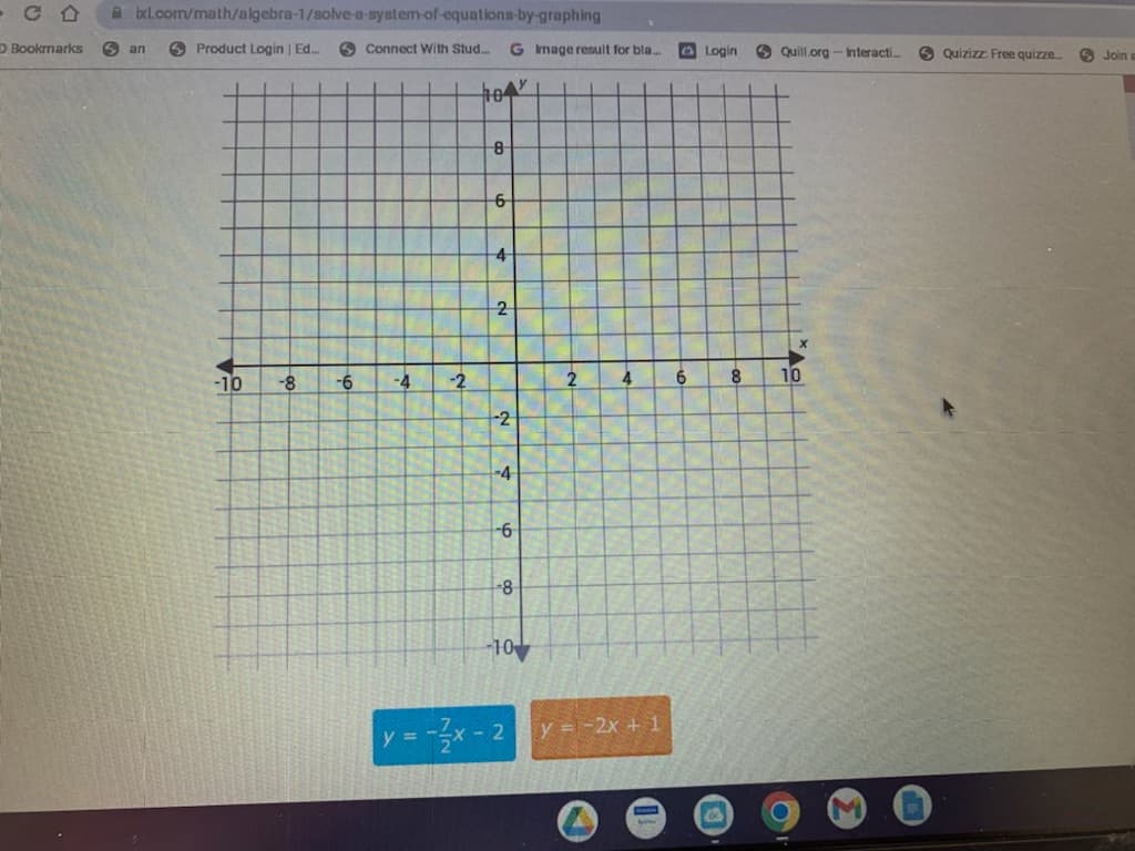 Abxl.com/math/algebra-1/solve-a-system-of-equations-by-graphing
Product Login | Ed...
-10
-8
CD
D Bookmarks San
-6
Connect With Stud.... G Image result for bla..
ho
L
-4 -2
8
6
4
2
-2
-4
-6
-8
2
4
10
y = -x - 2y = -2x + 1
6
Login
Quill.org-Interacti....
8 10
Quizizz: Free quizze
Join a