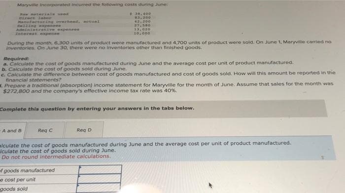 Maryville incorporated incurred the following costs during June
$ 30,400
83.200
42,200
27,500
13,020
10,000
Raw materials used
Direct labor
Manufacturing overhead, actual
Administrative expensen
swlling expenses
During the month, 6,300 units of product were manufactured and 4,700 units of product were sold. On June 1, Maryville carried no
inventories. On June 30, there were no inventories other than finished goods.
Required:
a. Calculate the cost of goods manufactured during June and the average cost per unit of product manufactured.
b. Calculate the cost of goods sold during June.
c. Calculate the difference between cost of goods manufactured and cost of goods sold. How will this amount be reported in the
financial statements?
. Prepare a traditional (absorption) income statement for Maryville for the month of June. Assume that sales for the month was
$272,800 and the company's effective income tax rate was 40%.
Complete this question by entering your answers in the tabs below.
A and B
Req C
Req D
lculate the cost of goods manufactured during June and the average cost per unit of product manufactured.
culate the cost of goods sold during June.
Do not round intermediate calculations.
f goods manufactured
e cost per unit
goods sold