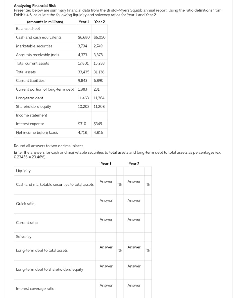 Analyzing Financial Risk
Presented below are summary financial data from the Bristol-Myers Squibb annual report. Using the ratio definitions from
Exhibit 4.6, calculate the following liquidity and solvency ratios for Year 1 and Year 2.
Year 1 Year 2
(amounts in millions)
Balance sheet
Cash and cash equivalents
$6,680
Marketable securities
3,794 2,749
Accounts receivable (net)
4,373 3,378
Total current assets
17,801 15,283
Total assets
33,435 31,138
Current liabilities
9,843 6,890
Current portion of long-term debt 1,883 231
Long-term debt
11,463 11,364
Shareholders' equity
10,202 11,208
Income statement
Interest expense
Net income before taxes
Liquidity
Round all answers to two decimal places.
Enter the answers for cash and marketable securities to total assets and long-term debt to total assets as percentages (ex:
0.23456 = 23.46%).
Quick ratio
Cash and marketable securities to total assets
Current ratio
Solvency
Long-term debt to total assets
$6,050
$310 $349
4,718 4,816
Long-term debt to shareholders' equity
Interest coverage ratio
Year 1
Answer
Answer
Answer
Answer
Answer
Answer
%
%
Year 2
Answer
Answer
Answer
Answer
Answer
Answer
%
%