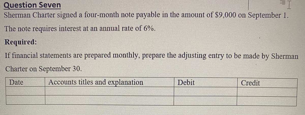 Question Seven
Sherman Charter signed a four-month note payable in the amount of $9,000 on September 1.
The note requires interest at an annual rate of 6%.
Required:
If financial statements are prepared monthly, prepare the adjusting entry to be made by Sherman
Charter on September 30.
Date
Accounts titles and explanation
Debit
Credit
