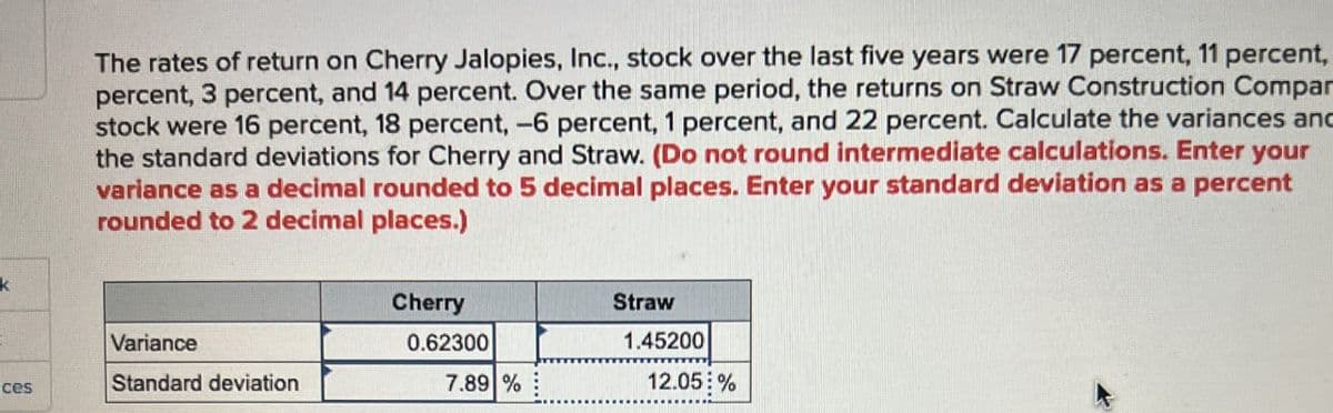 k
The rates of return on Cherry Jalopies, Inc., stock over the last five years were 17 percent, 11 percent,
percent, 3 percent, and 14 percent. Over the same period, the returns on Straw Construction Compar
stock were 16 percent, 18 percent, -6 percent, 1 percent, and 22 percent. Calculate the variances and
the standard deviations for Cherry and Straw. (Do not round intermediate calculations. Enter your
variance as a decimal rounded to 5 decimal places. Enter your standard deviation as a percent
rounded to 2 decimal places.)
Variance
ces
Standard deviation
Cherry
0.62300
7.89%
Straw
1.45200
12.05%