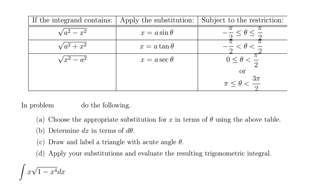 If the integrand contains:
√a²-x²
√a² +x²
√x² - a²
JTVT
Apply the substitution: Subject to the restriction:
71
x = a sin 0
≤0
x = a tan 0
<O<
x = a sec 0
2
0 ≤ 0 <
or
π ≤ 0 <
x√1 - x¹dx
ㅠ
2
In problem
do the following.
(a) Choose the appropriate substitution for r in terms of using the above table.
(b) Determine dx in terms of de.
3π
2
(c) Draw and label a triangle with acute angle 0.
(d) Apply your substitutions and evaluate the resulting trigonometric integral.