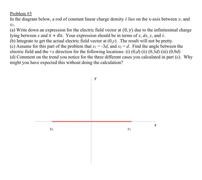 Problem #3
In the diagram below, a rod of constant linear charge density lies on the x-axis between xi and
X2.
(a) Write down an expression for the electric field vector at (0, y) due to the infinitesimal charge
lying between x and x + dx. Your expression should be in terms of x, dx, y, and 2.
(b) Integrate to get the actual electric field vector at (0,y). The result will not be pretty.
(c) Assume for this part of the problem that x₁ = -3d, and x2 = d. Find the angle between the
electric field and the +x direction for the following locations: (i) (0,d) (ii) (0,3d) (iii) (0,9d)
(d) Comment on the trend you notice for the three different cases you calculated in part (c). Why
might you have expected this without doing the calculation?
XI
X