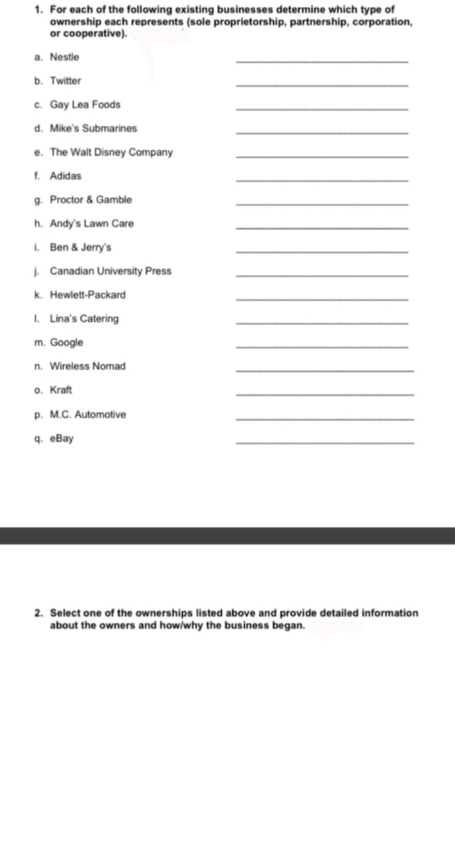 1. For each of the following existing businesses determine which type of
ownership each represents (sole proprietorship, partnership, corporation,
or cooperative).
a. Nestle
b. Twitter
c. Gay Lea Foods
d. Mike's Submarines
e. The Walt Disney Company
f. Adidas
g. Proctor & Gamble
h. Andy's Lawn Care
i. Ben & Jerry's
j. Canadian University Press
k. Hewlett-Packard
I. Lina's Catering
m. Google
n. Wireless Nomad
o. Kraft
p. M.C. Automotive
9. еВay
2. Select one of the ownerships listed above and provide detailed information
about the owners and how/why the business began.
