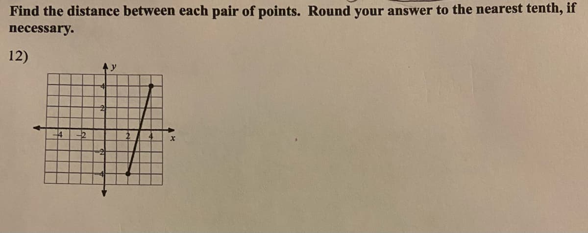 Find the distance between each pair of points. Round your answer to the nearest tenth, if
necessary.
12)
