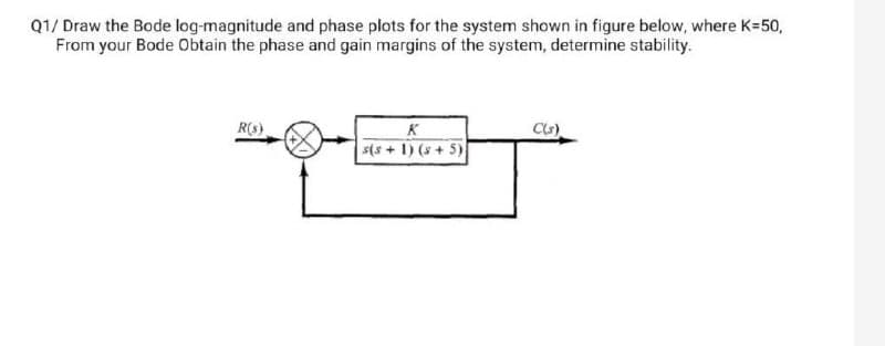 Q1/ Draw the Bode log-magnitude and phase plots for the system shown in figure below, where K=50,
From your Bode Obtain the phase and gain margins of the system, determine stability.
R(s)
K
s(s+ 1) (s+5)
C(s)